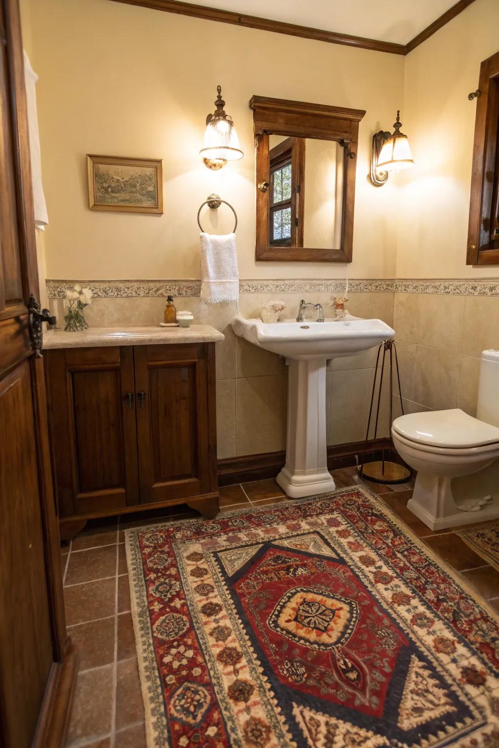 Vintage rugs give comfort and style to bathroom rooms.