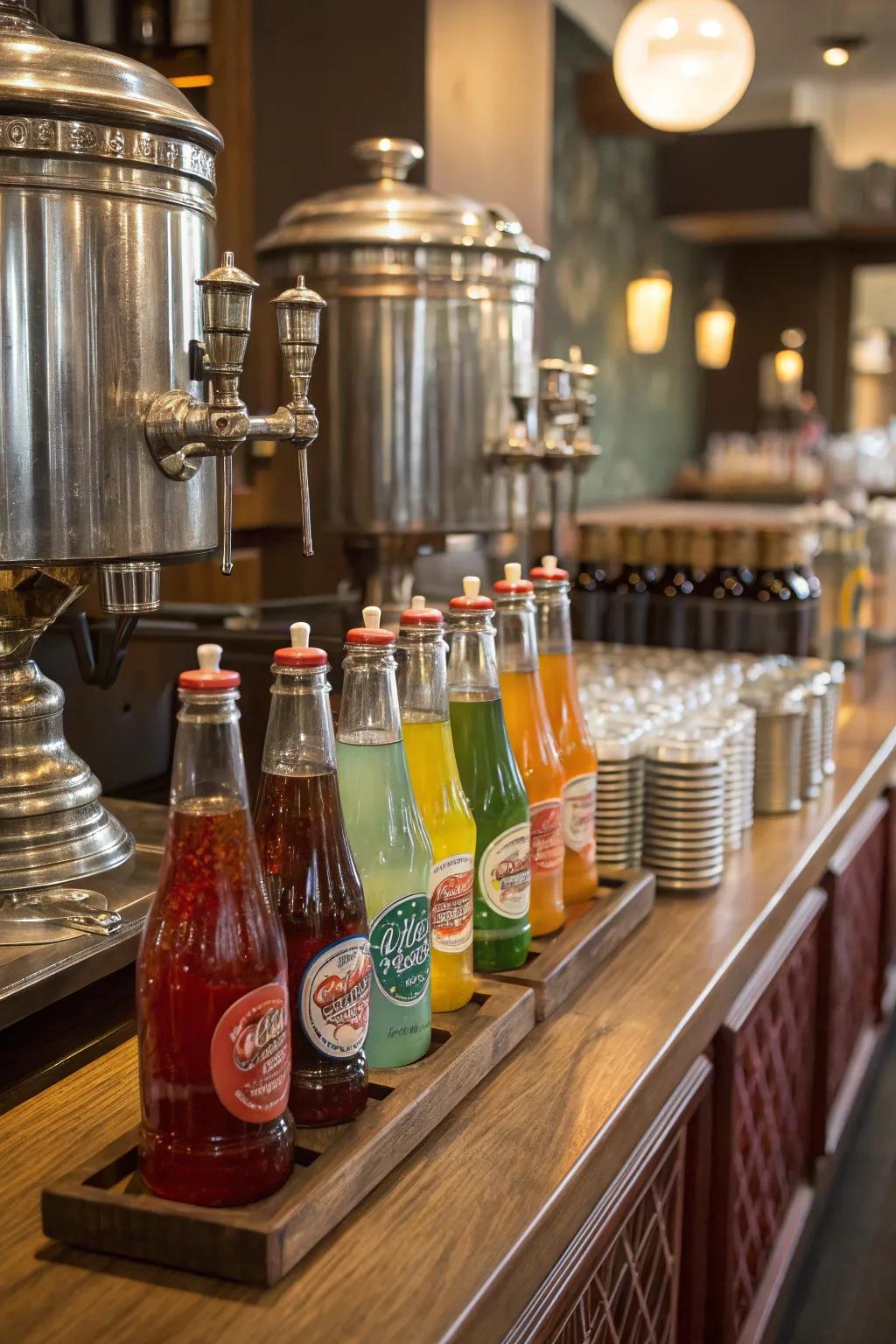 Classic drink stations serve retro sodas and mixed drinks with style.