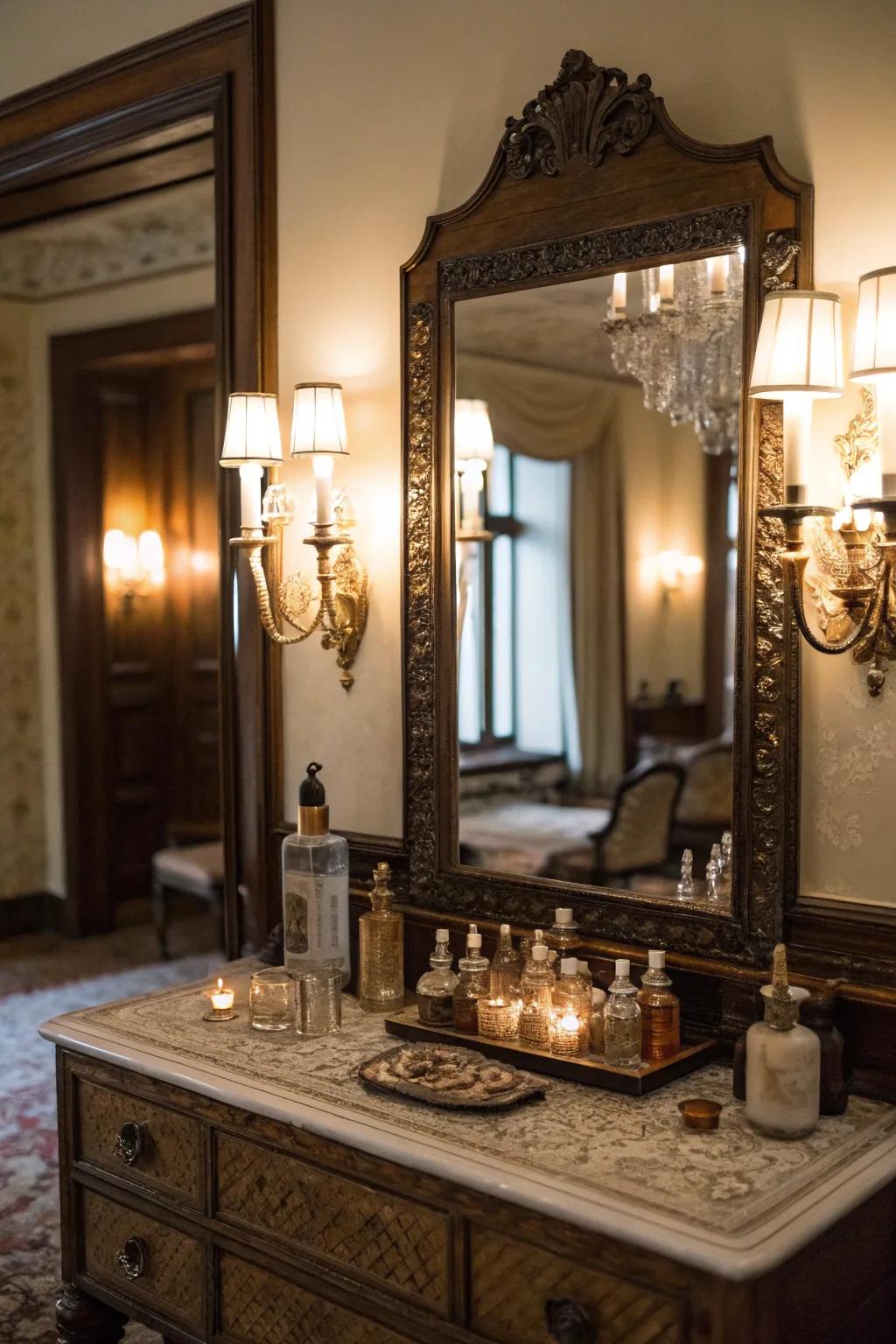 Vintage lighting enhances the atmosphere and beauty of your vanity.