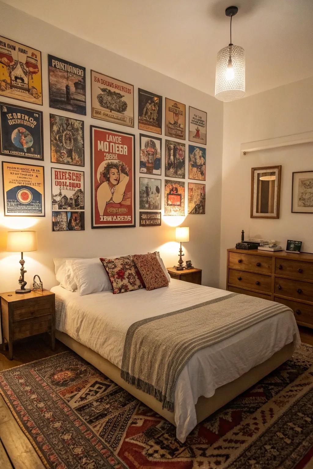 Old posters add timeless charm to your bedroom.