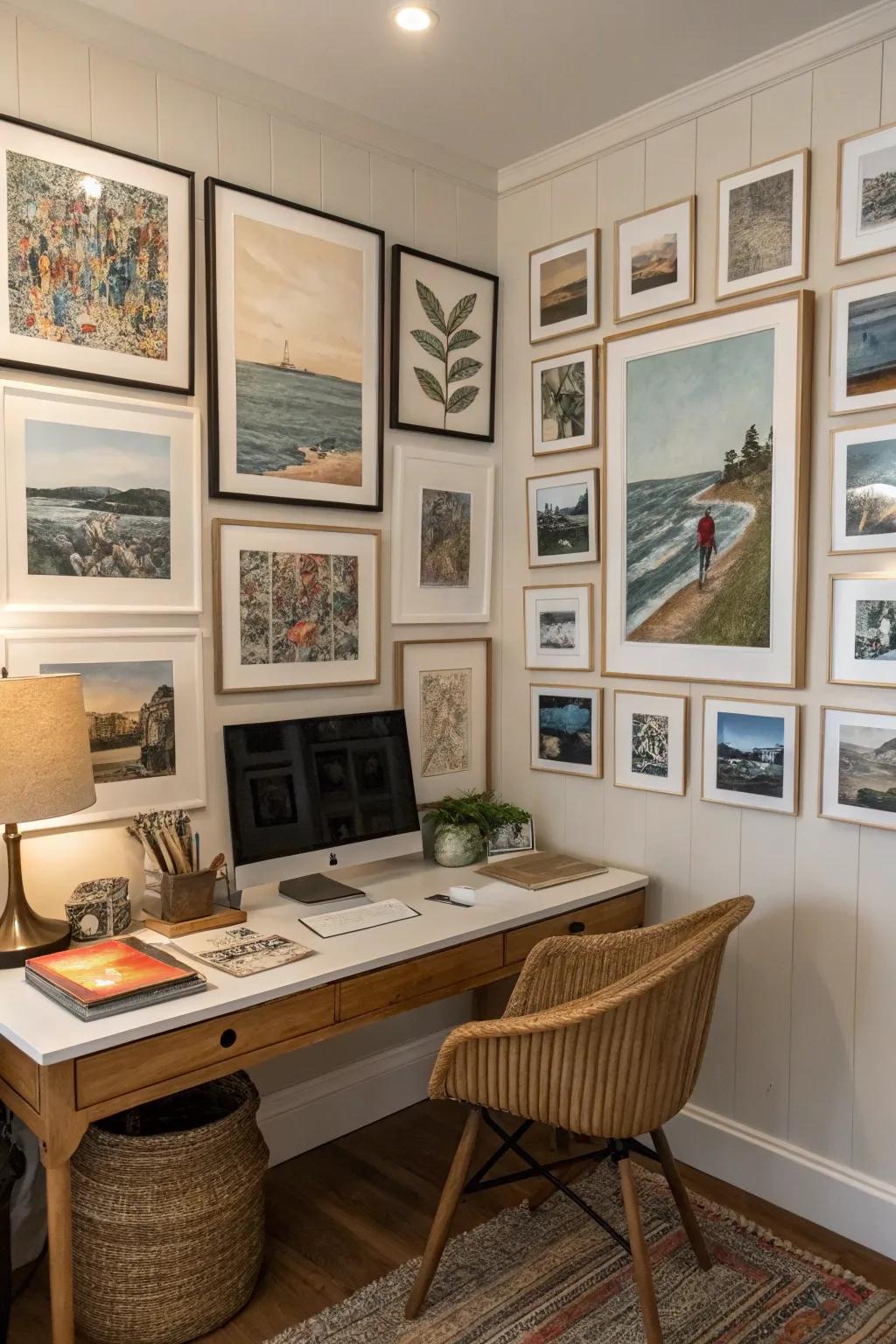 Layered art adds a gallery atmosphere.
