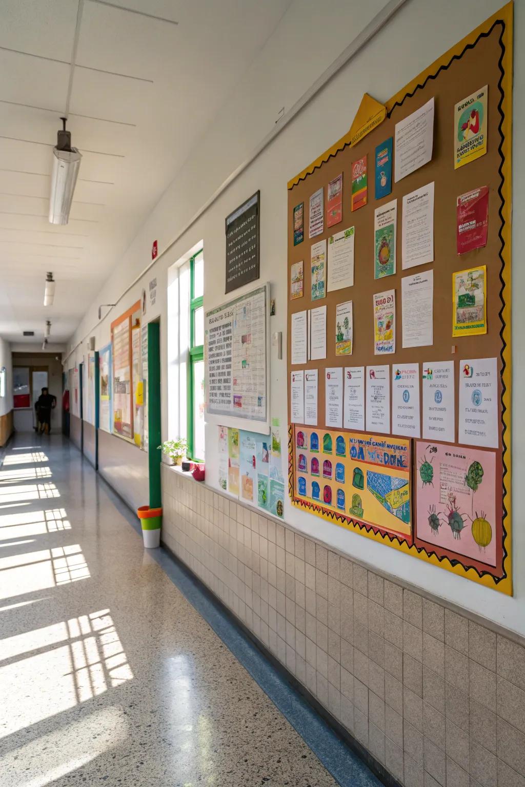 Modular bulletin boards arranged on a school wall