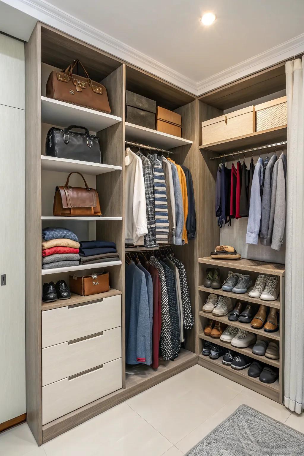 Custom solutions maximize corner spaces in wardrobes.
