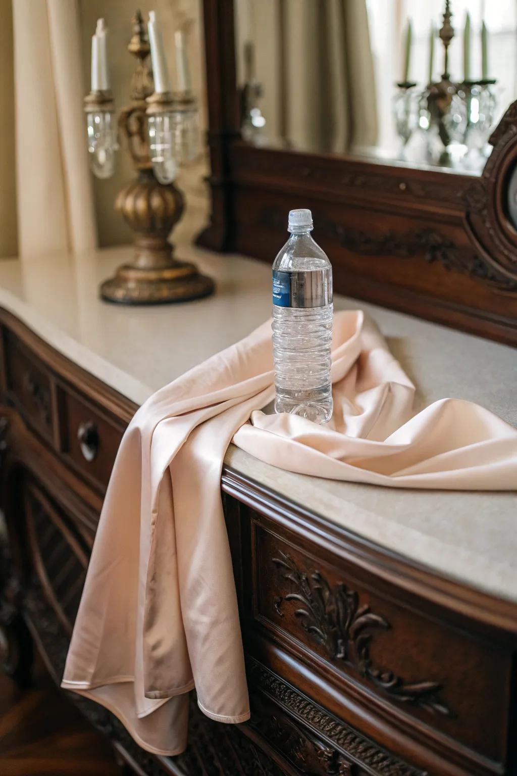 A hydration bottle curtained in gentle material for an elegant accent.