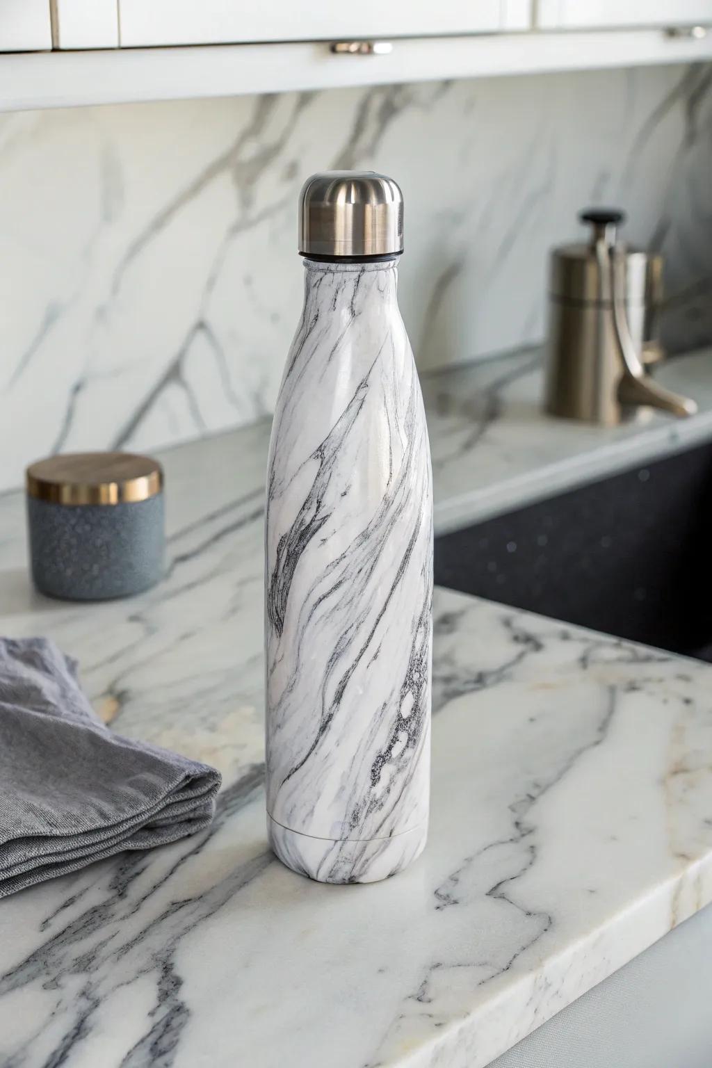 Luxurious simulated stone effect reusable beverage container aesthetics for a refined aesthetic.