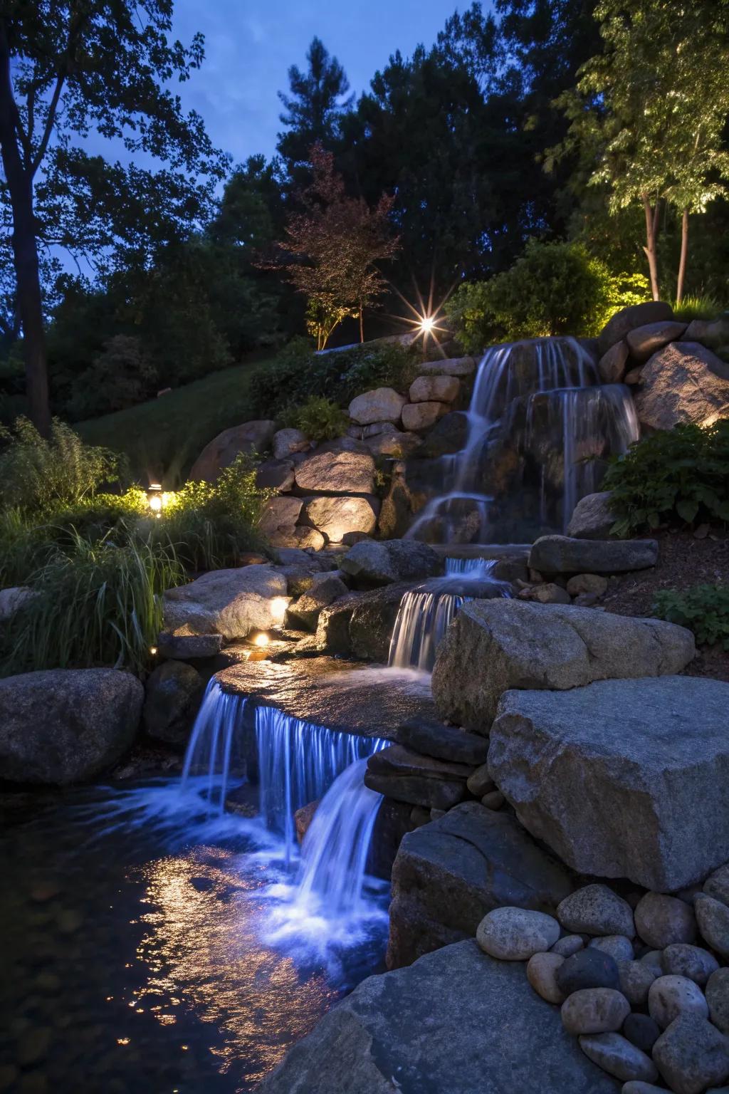 Integrated illumination transforms your water feature into a nighttime spectacle.