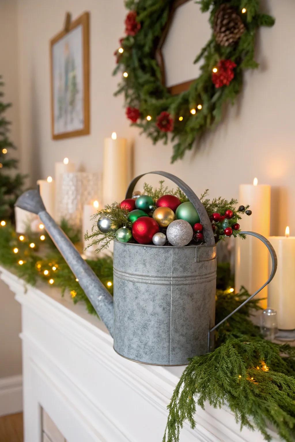 A festive holiday ornament display using a watering can.
