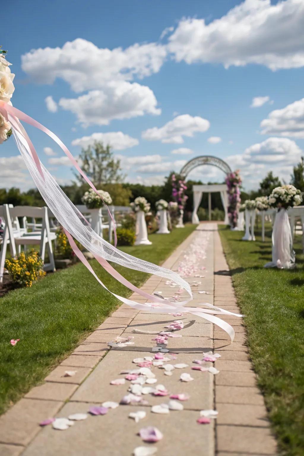 Flowing ribbons bring a whimsical and colorful element to the aisle.