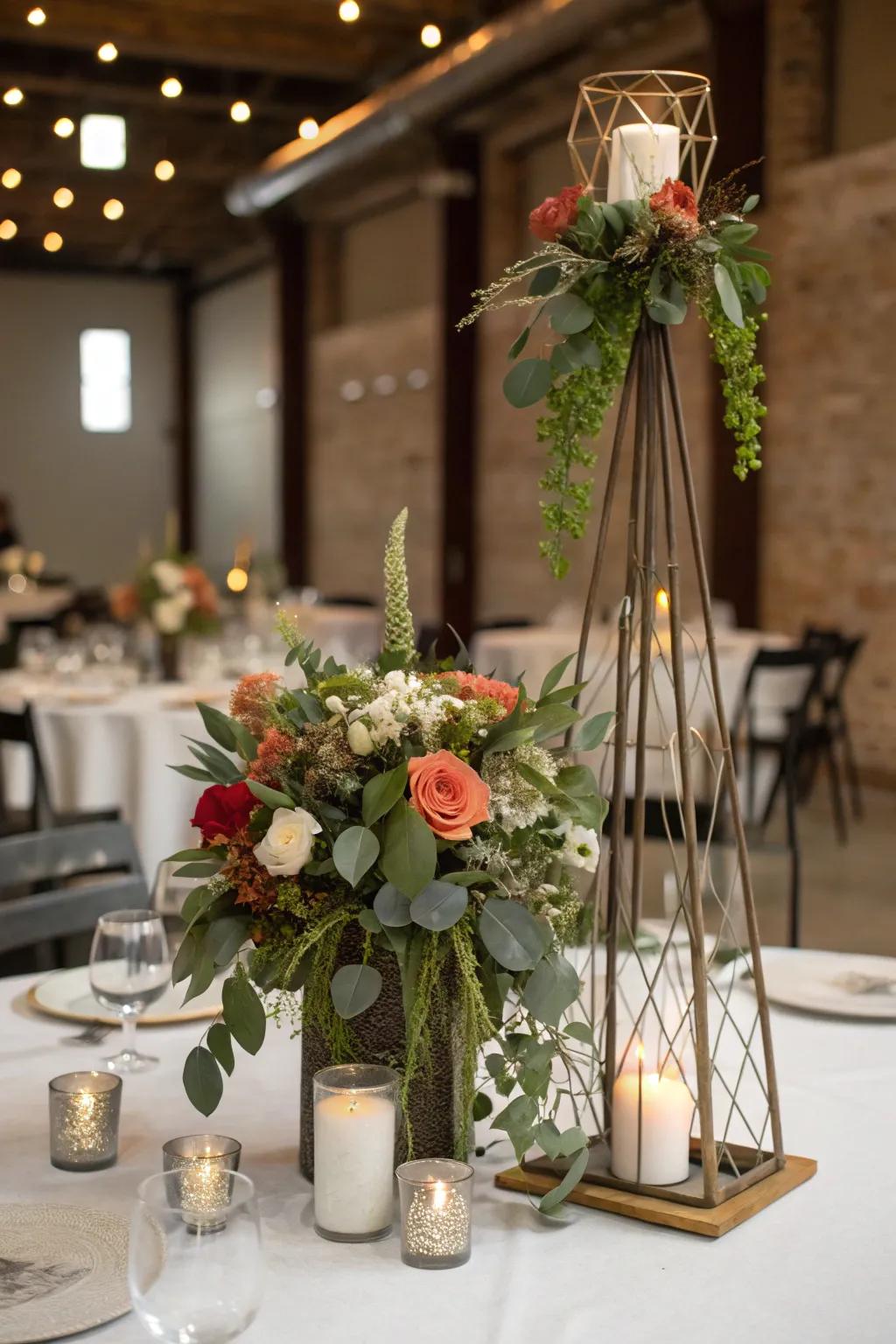 Industrial-chic centerpiece with a blend of metal and florals.