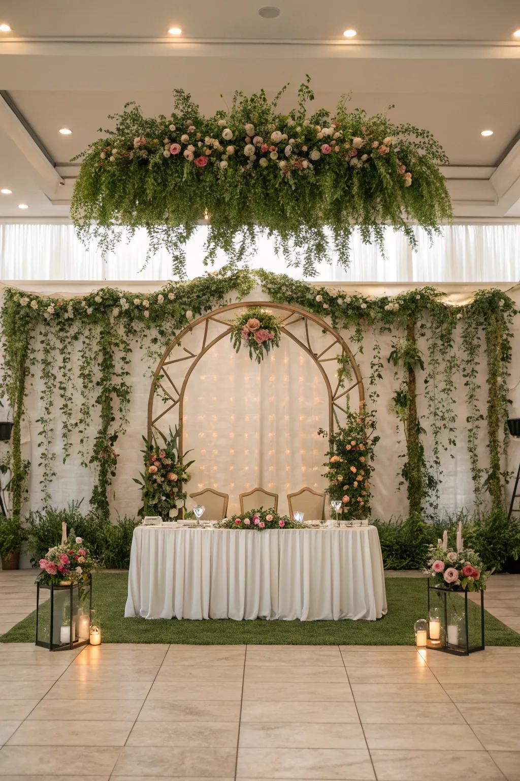 A nature-inspired backdrop enhances the head table.