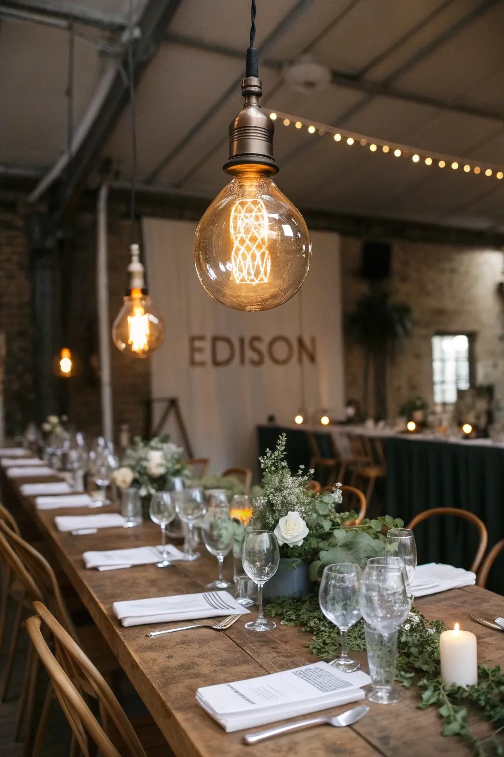 Retro bulbs give your wedding tables an industrial chic feel.
