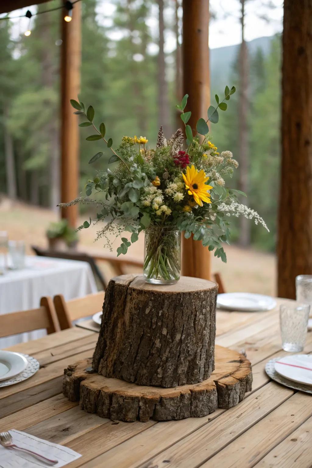 A tree trunk offers organic style and country charm to any table setting.