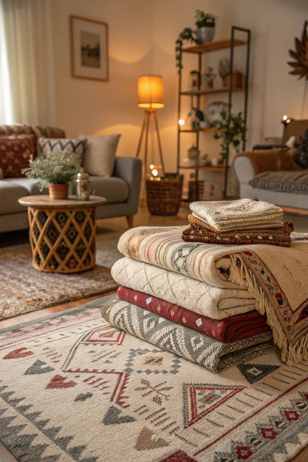 Overlaying textiles adds visual interest and coziness.