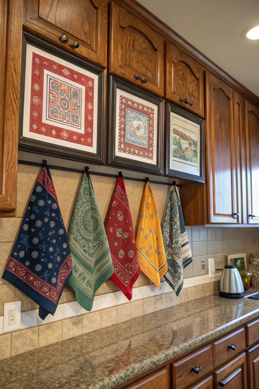 Framed classic bandanas adding color and charm.