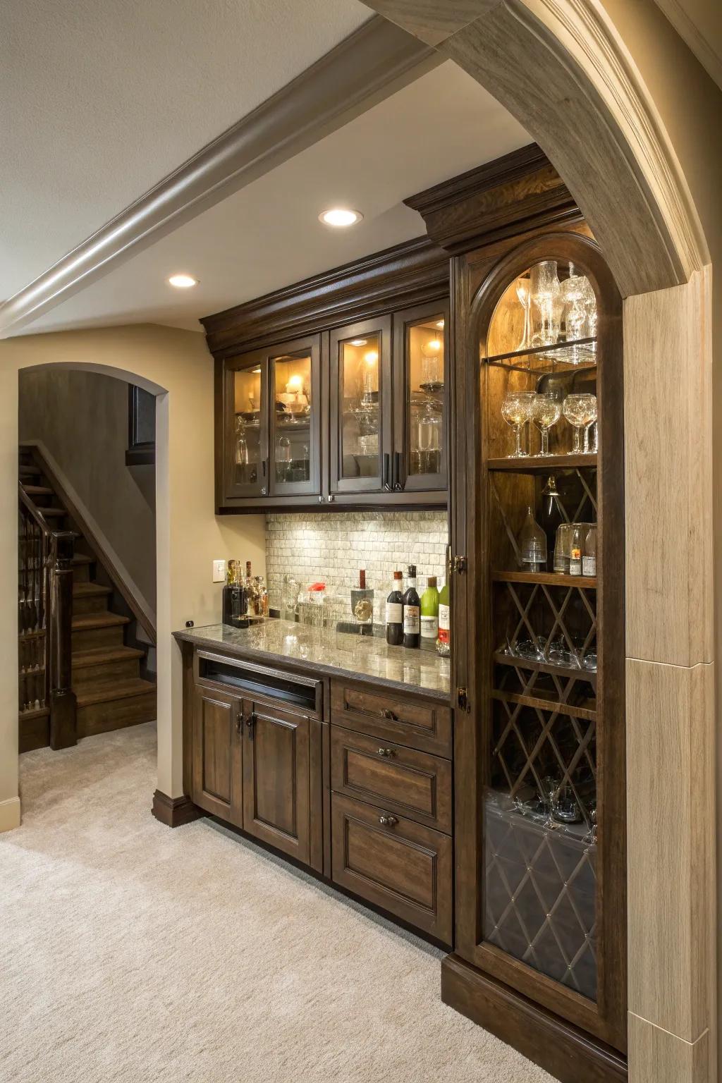 A hidden bar setup offers an element of surprise in a sleek and tidy package.