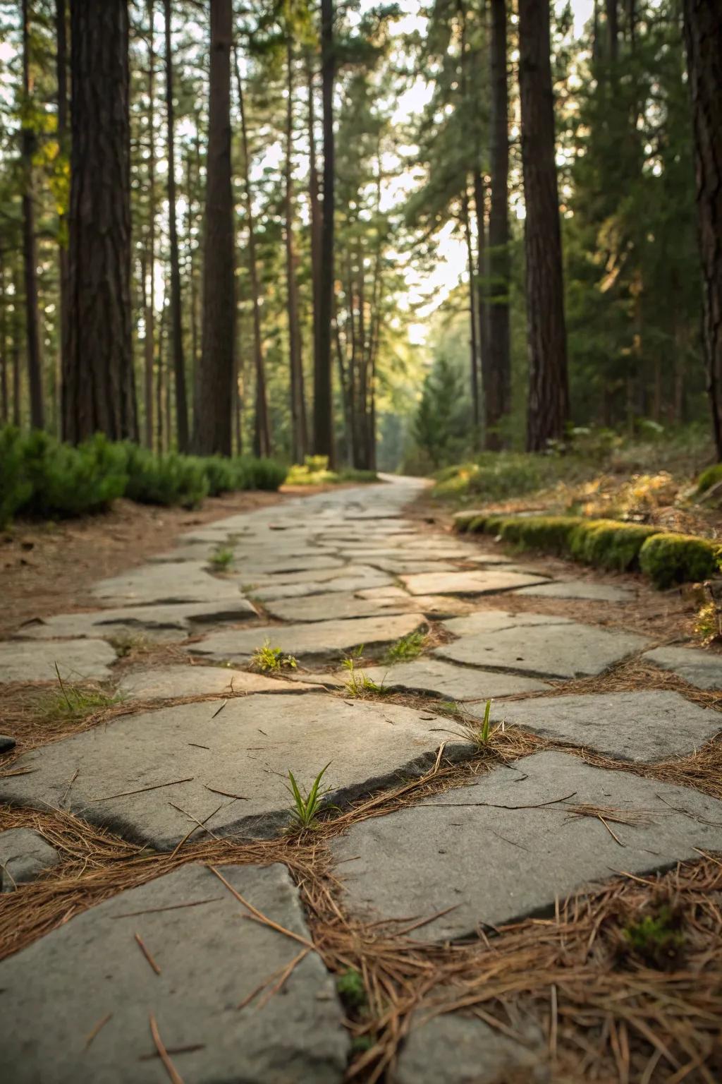 Pine needles adding a woodland charm to paver paths.