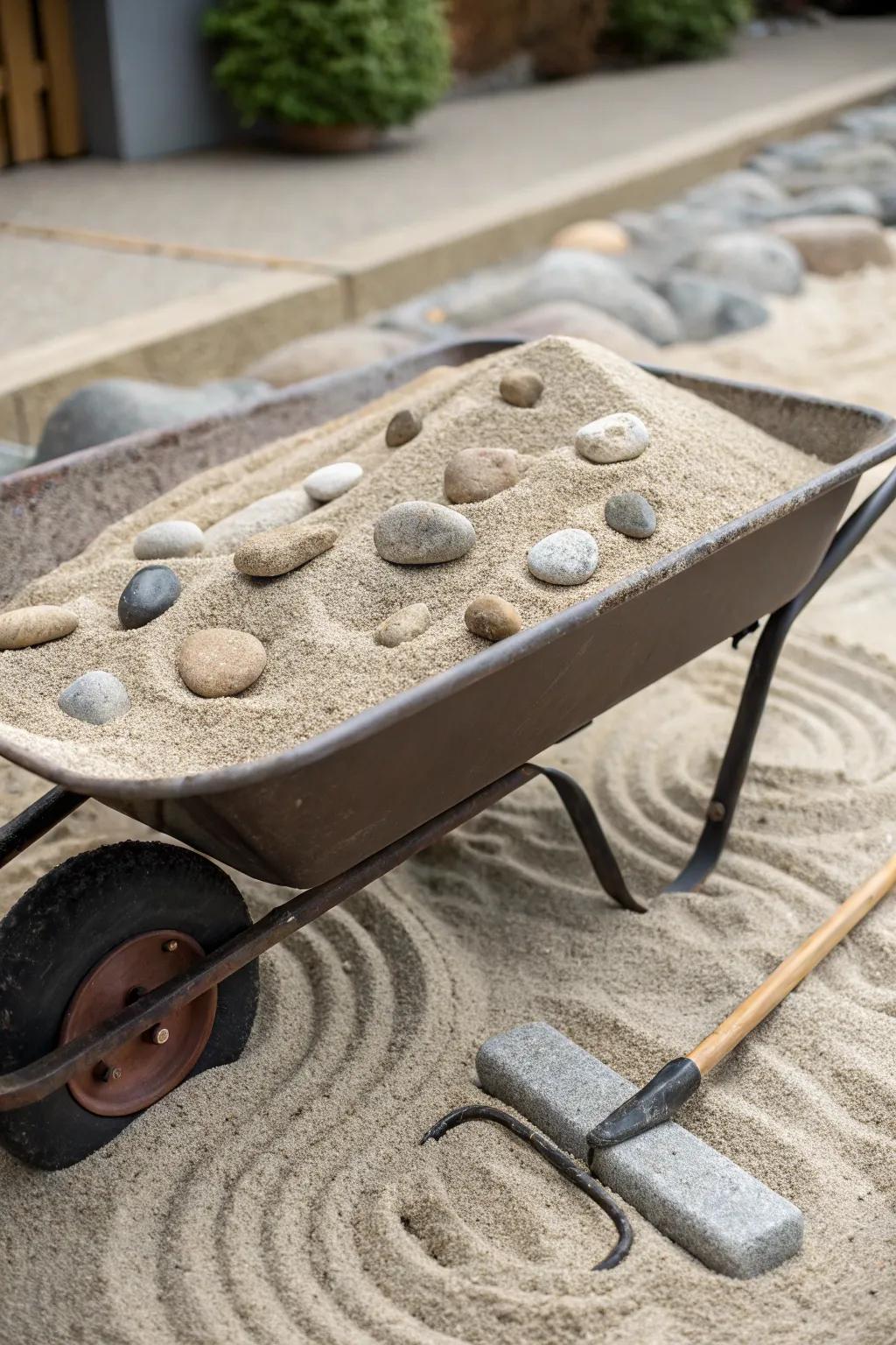 Find serenity within a wheelbarrow-turned-zen garden.