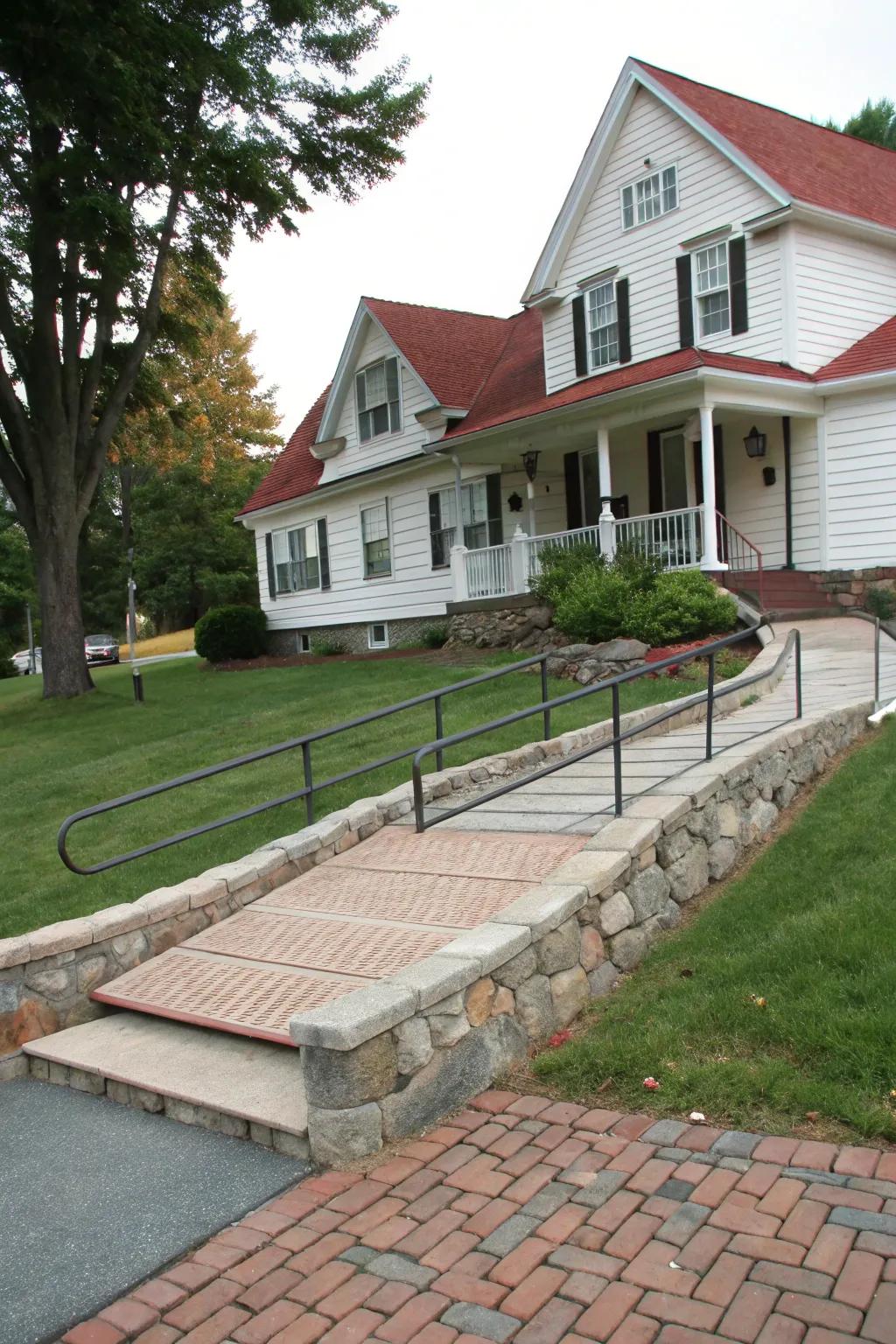 A stone and brick ramp providing a timeless and elegant entrance.