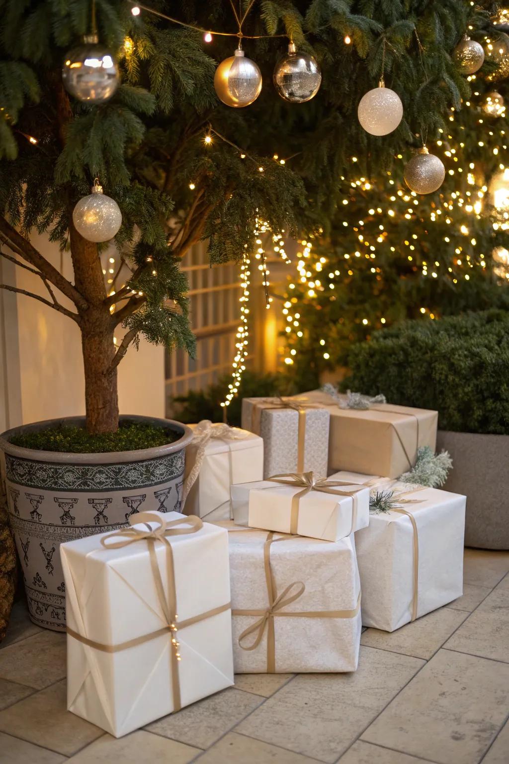 Presents that complement your ivory Christmas theme.