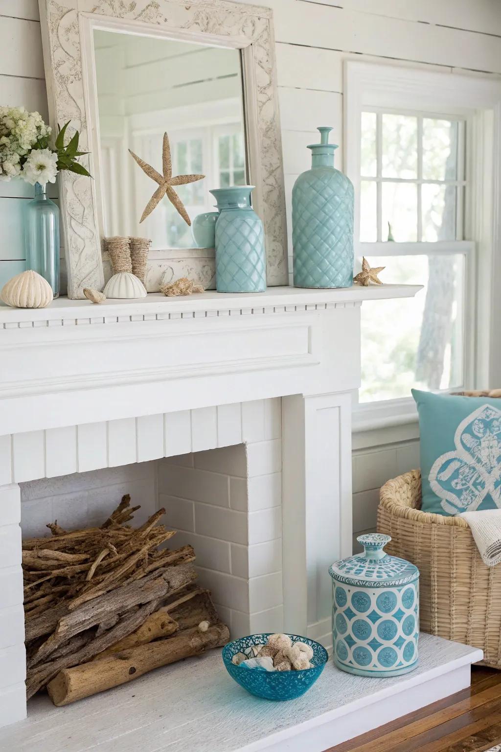 Coastal decor brings a serene and calming feel to a white fireplace.