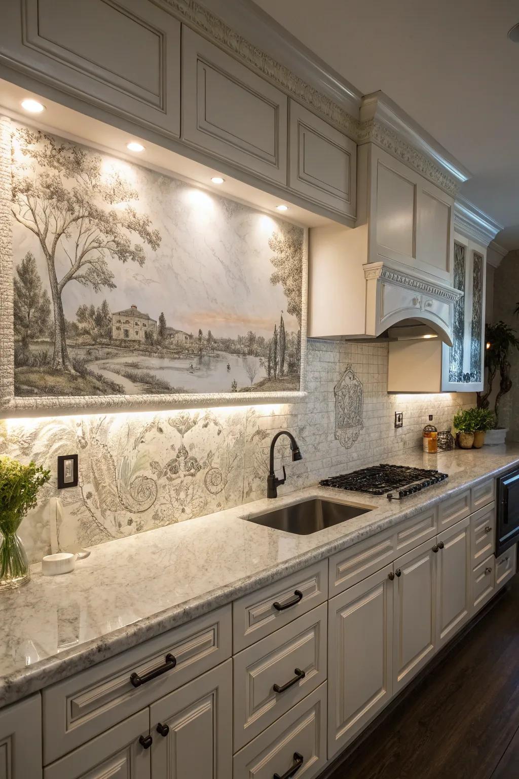 A custom wall art adds an creative style to a frost white granite kitchen.