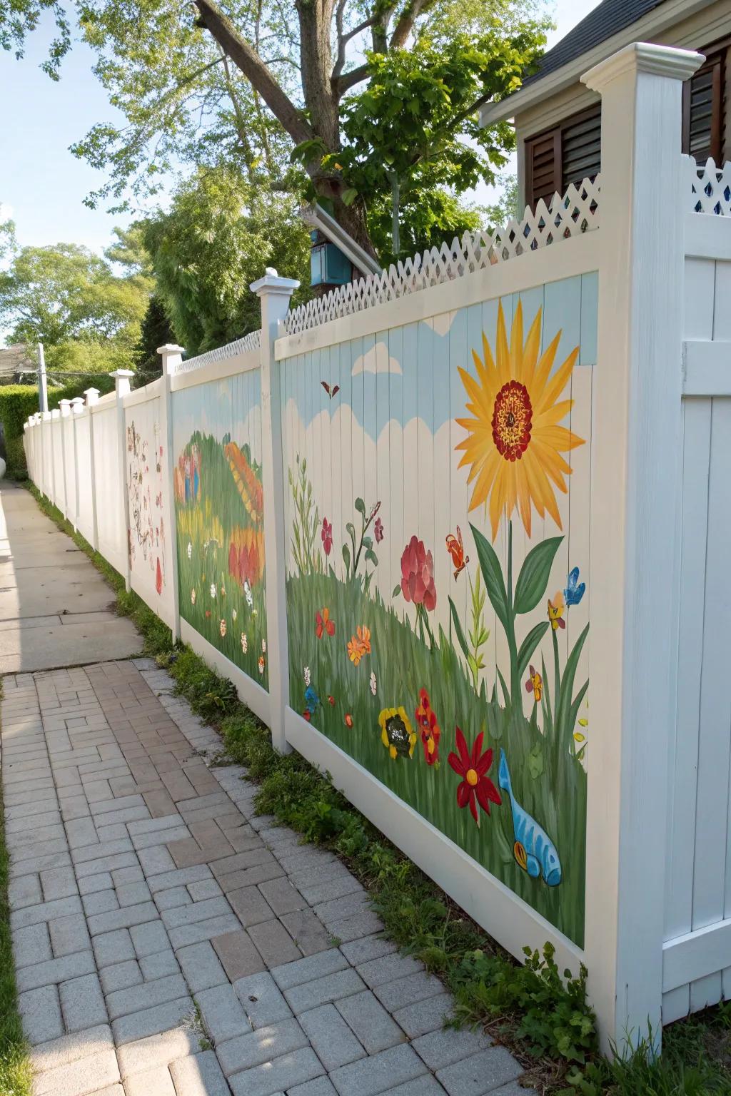 A colorful mural transforms a white fence into a piece of personal art.