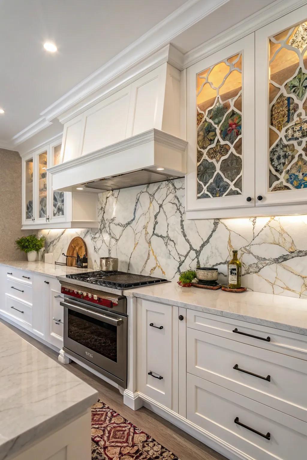 Dramatic crystalized stone backsplash that features bold streaking for a standout design.