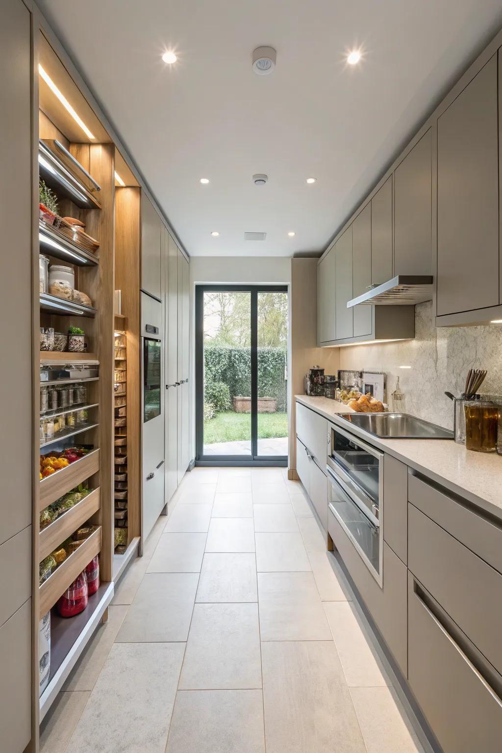 Concealed storage maintaining a wide galley kitchen tidy.