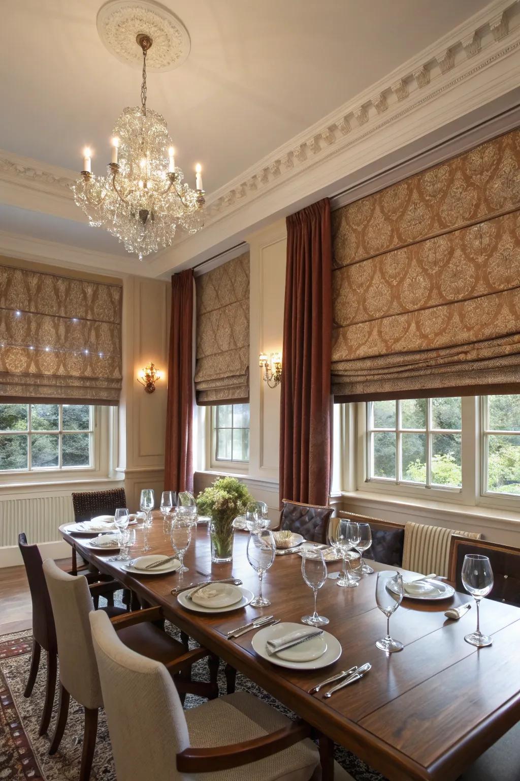 Bespoke Roman shades add a touch of elegance and privacy.