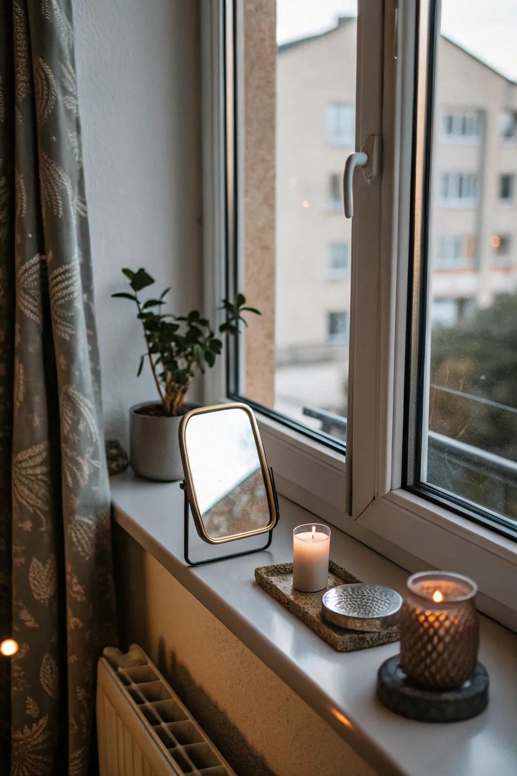 A small mirror on the windowsill reflects light and adds dimension.
