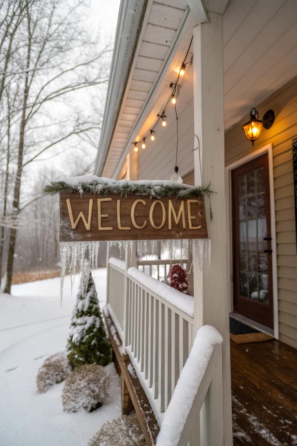 A seasonal welcome sign warmly greets guests on this winter porch.