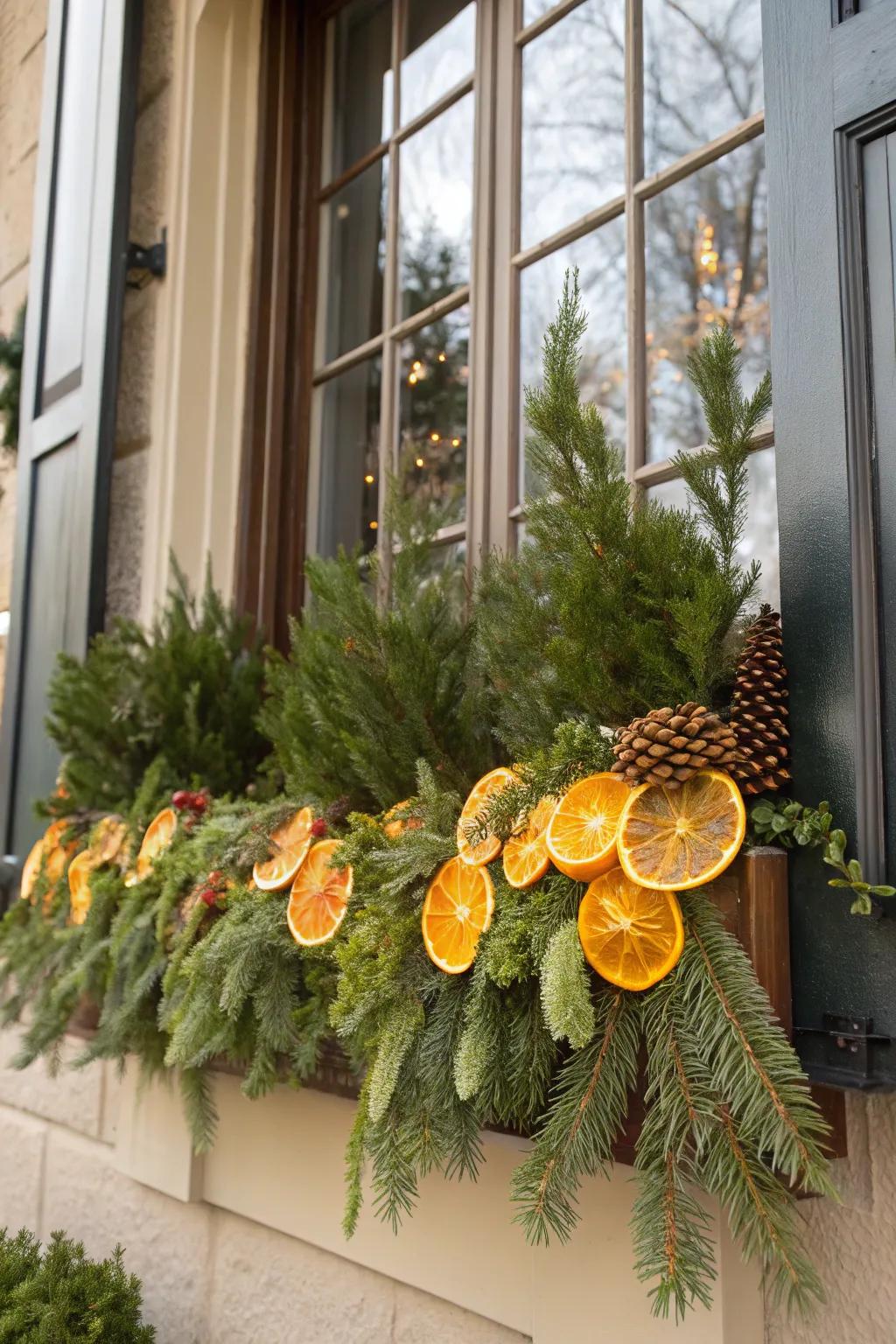 Dried citrus slices add both color and a refreshing scent to this winter window box.