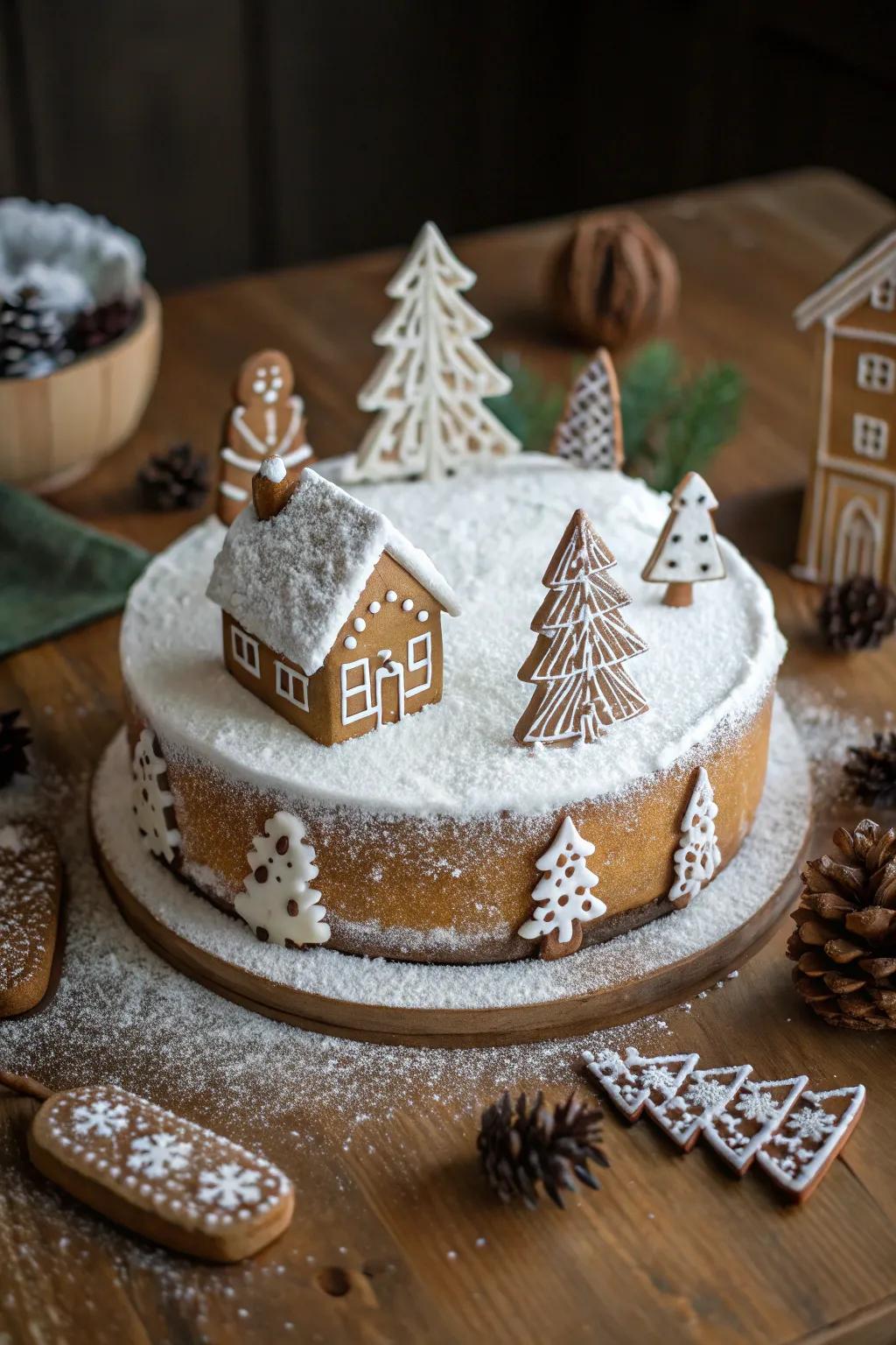 Gingerbread dwellings fashion a charming wonderland on this cake.