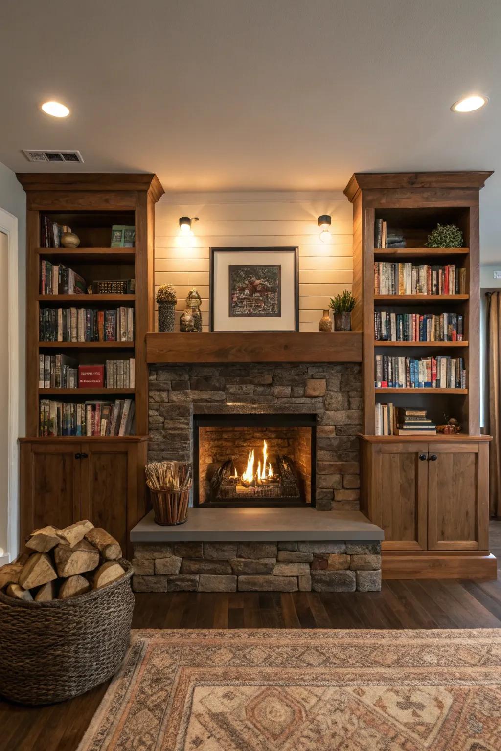A cozy library vibe with a fireplace and shelving.