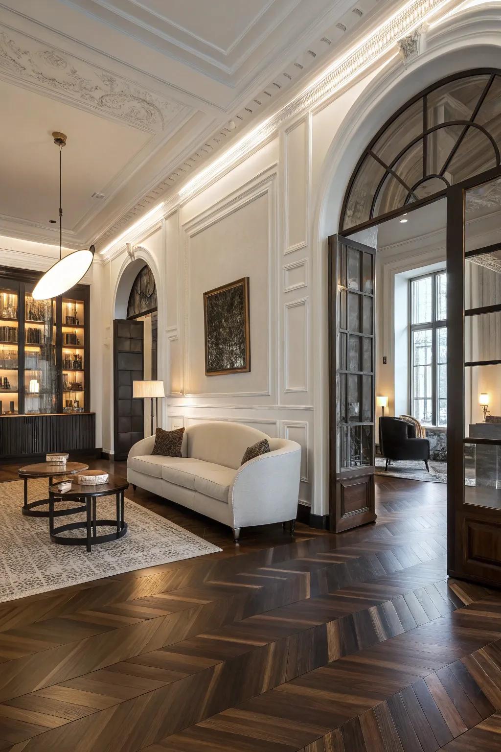 Stylish room showcasing contrasting wooden flooring.