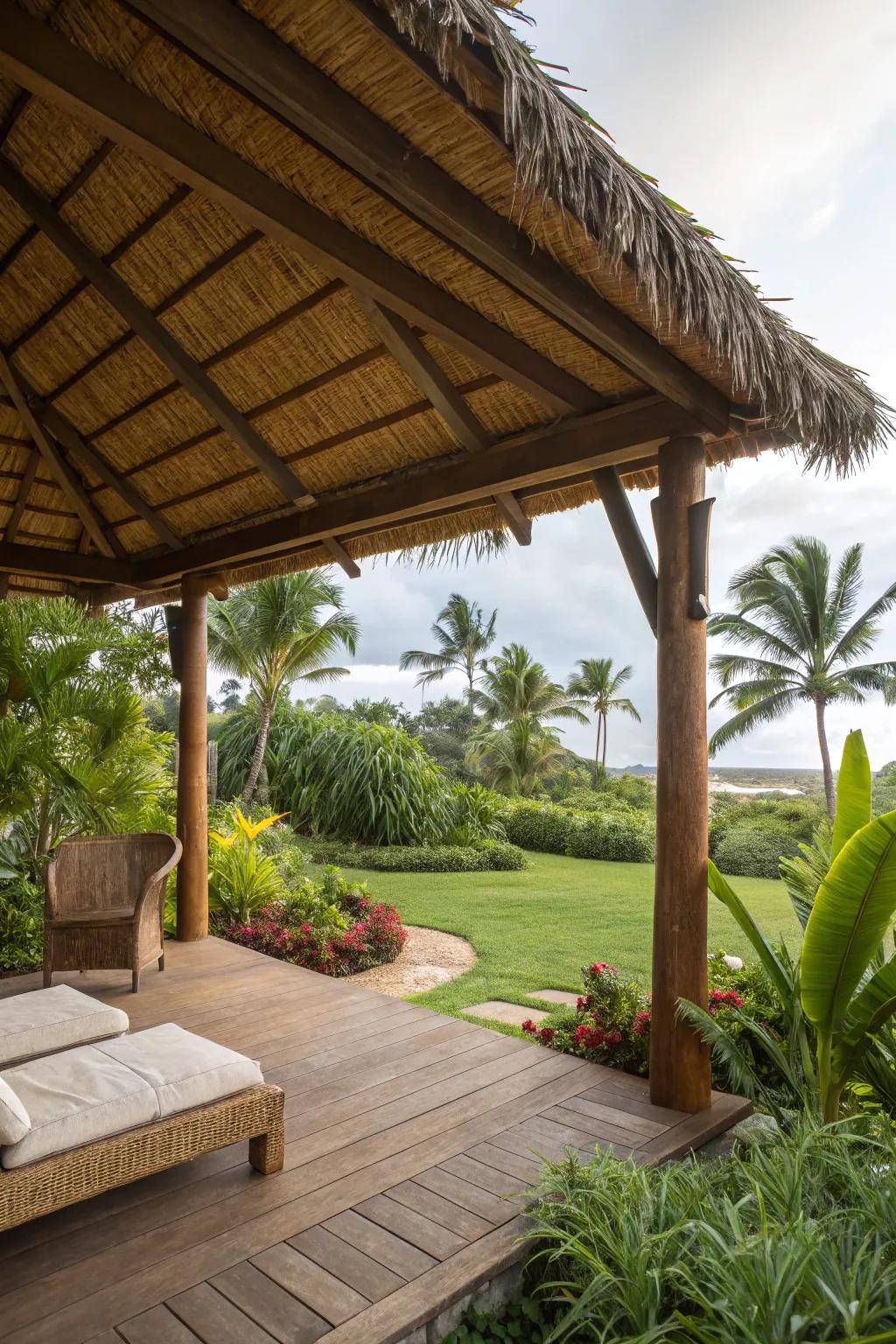An outlandish thatched ceiling injecting charm into a patio shelter.
