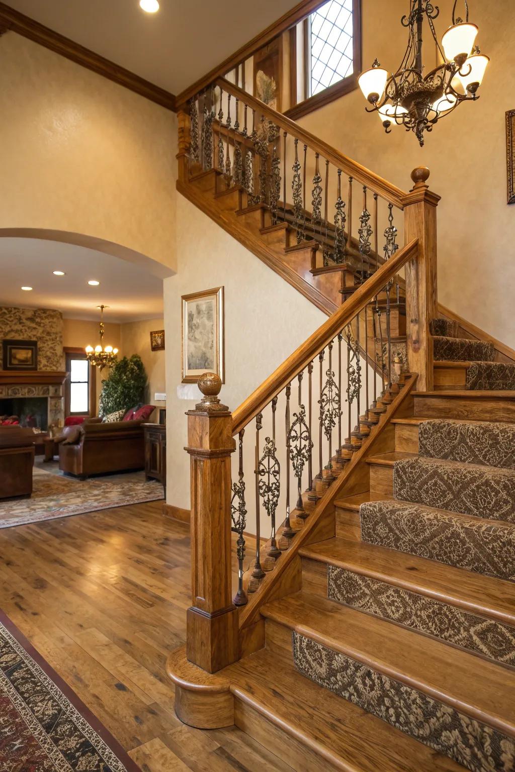 Richness in design: wood railings with layered surfaces.