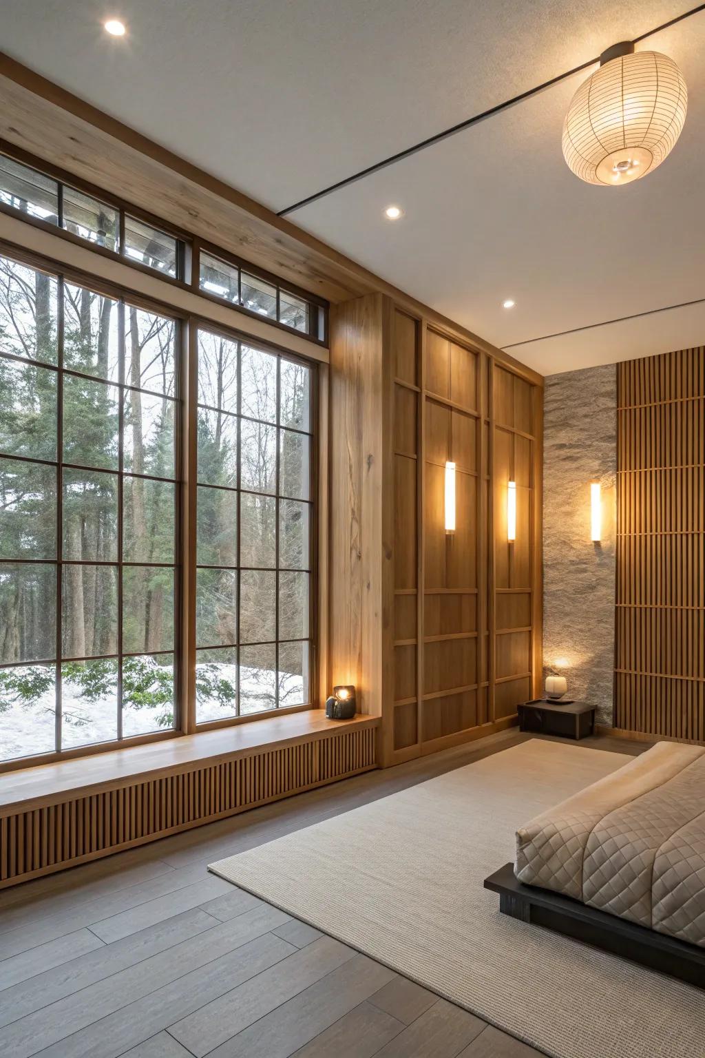 A space using floating wood panels.