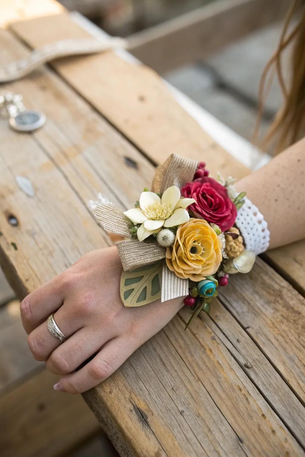 Sustainable wrist corsage featuring reused elements.