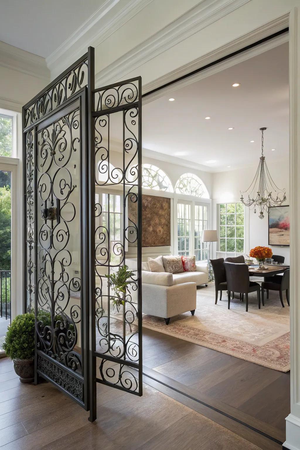 Forged metal dividers elegantly define living spaces.