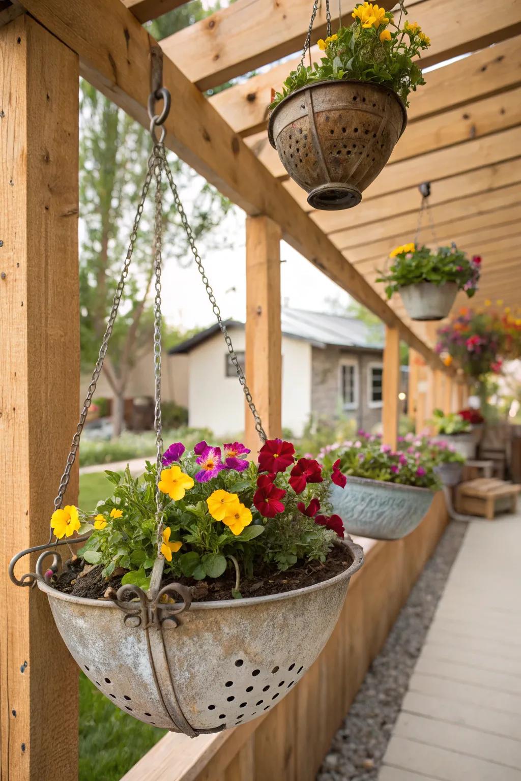 Suspended kitchenware adds a quirky touch to this garden.