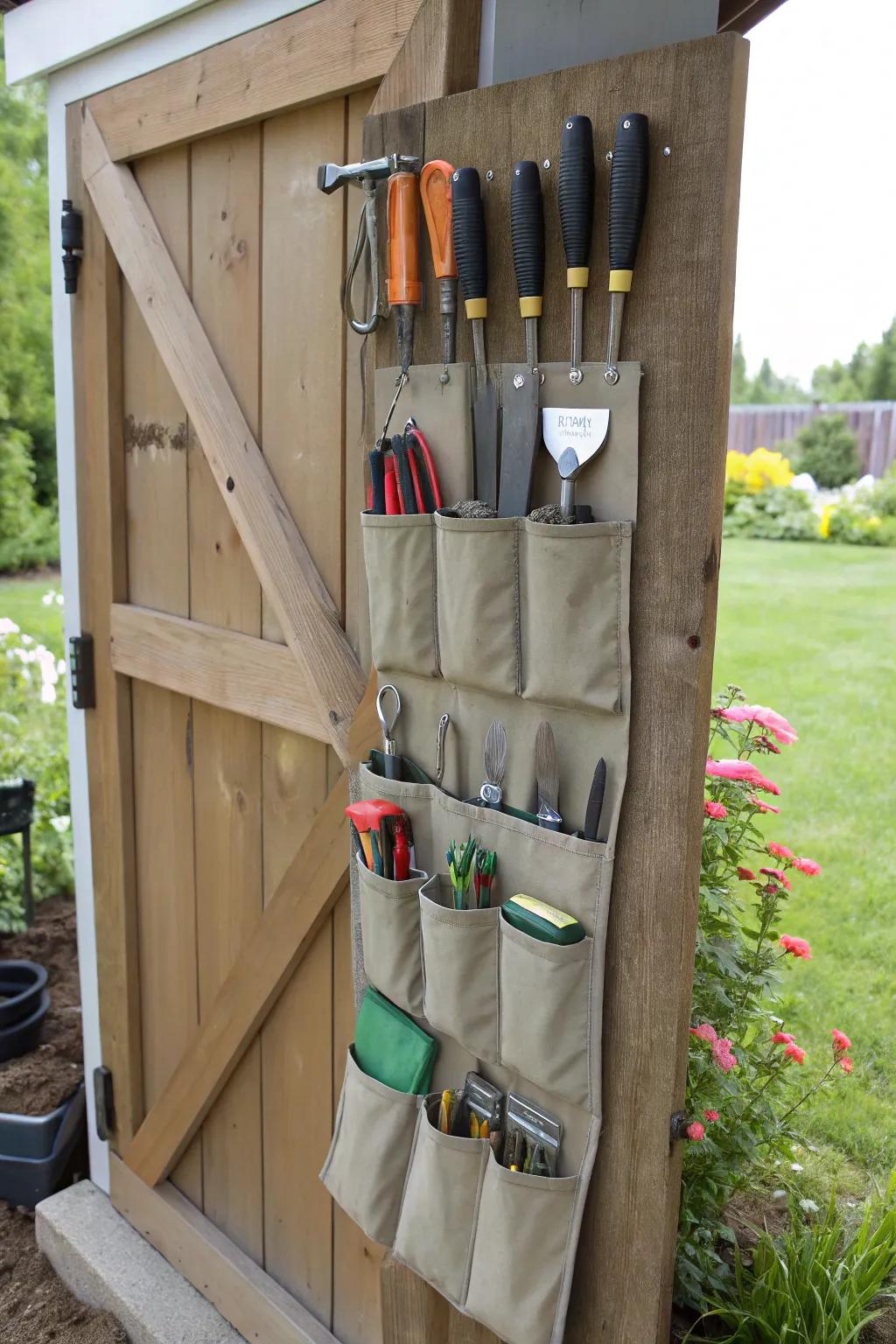 Creative use of a shoe organizer for tool storage.