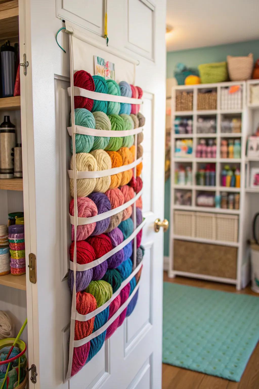 A hanging shoe organizer serves as a space-saving yarn holder.