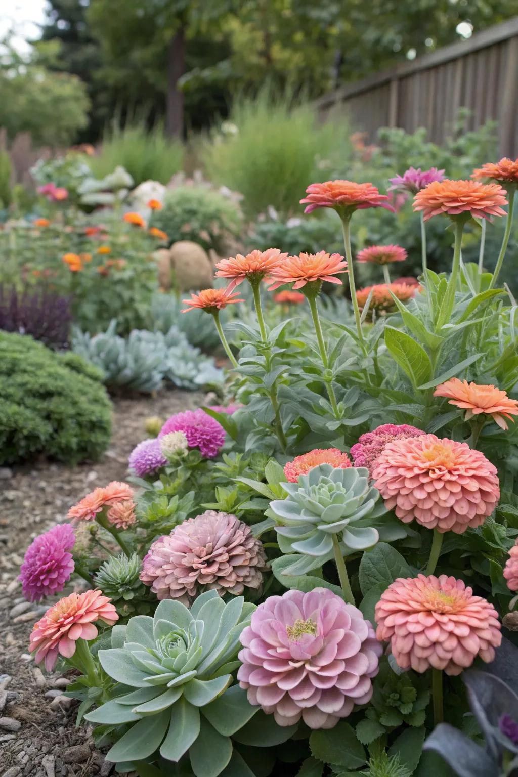 Contrasting textures in a garden with 'Blooms of Joy' and dense plants.