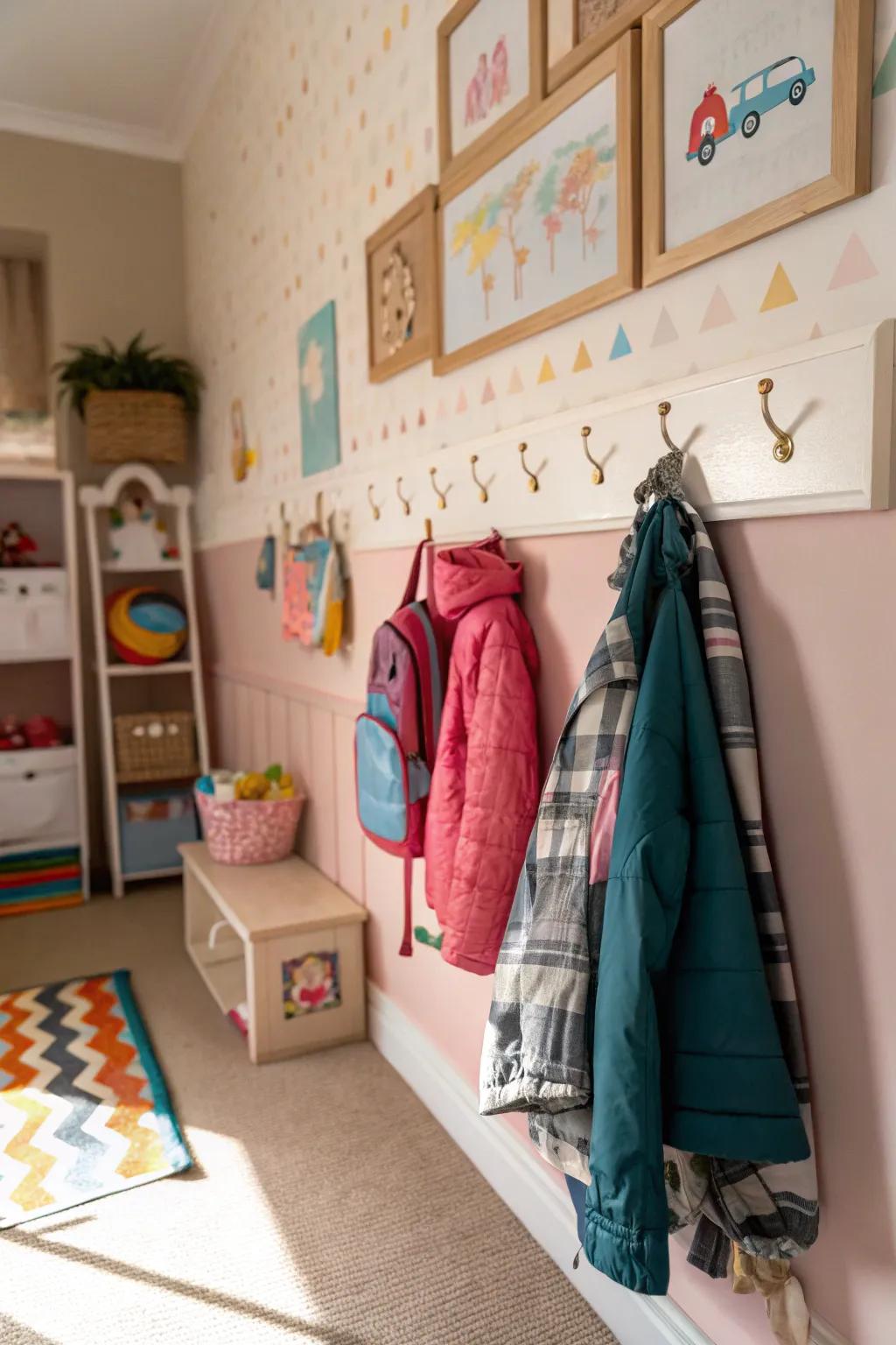 Eye-level hooks encourage independence and arrangement.
