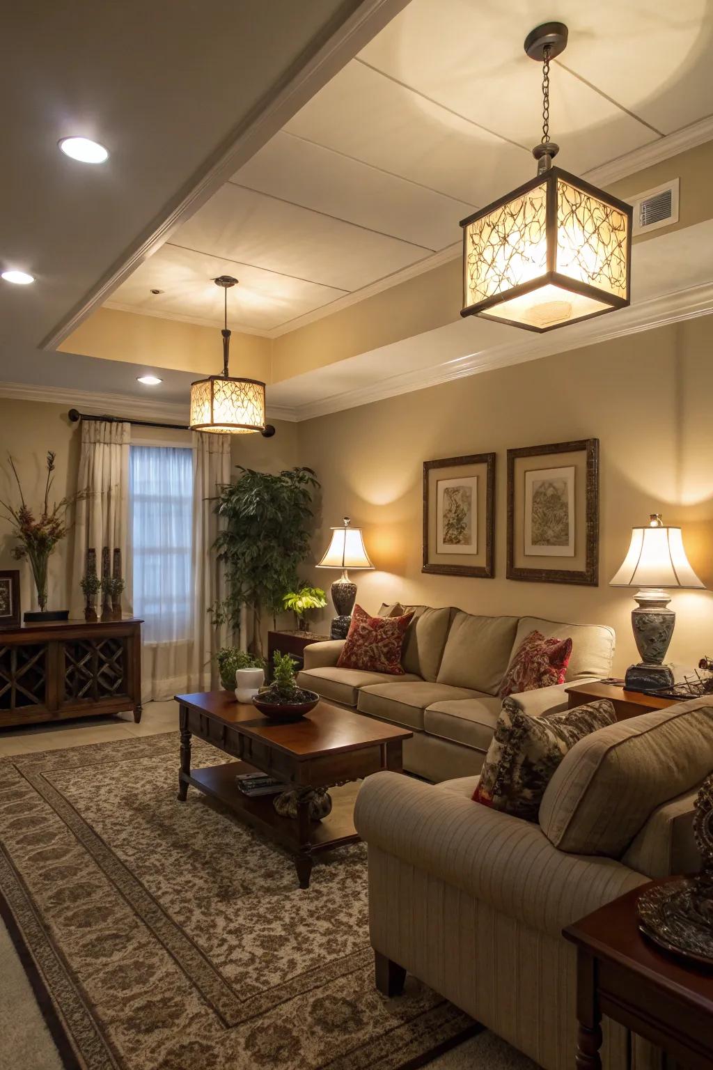 Layered lighting sets a warm and inviting ambiance.
