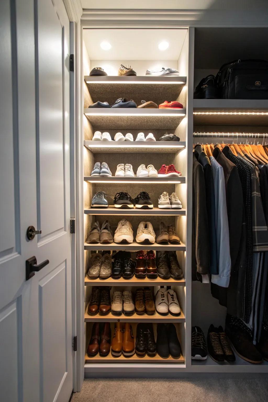 Strategic lighting elevates key closet features.