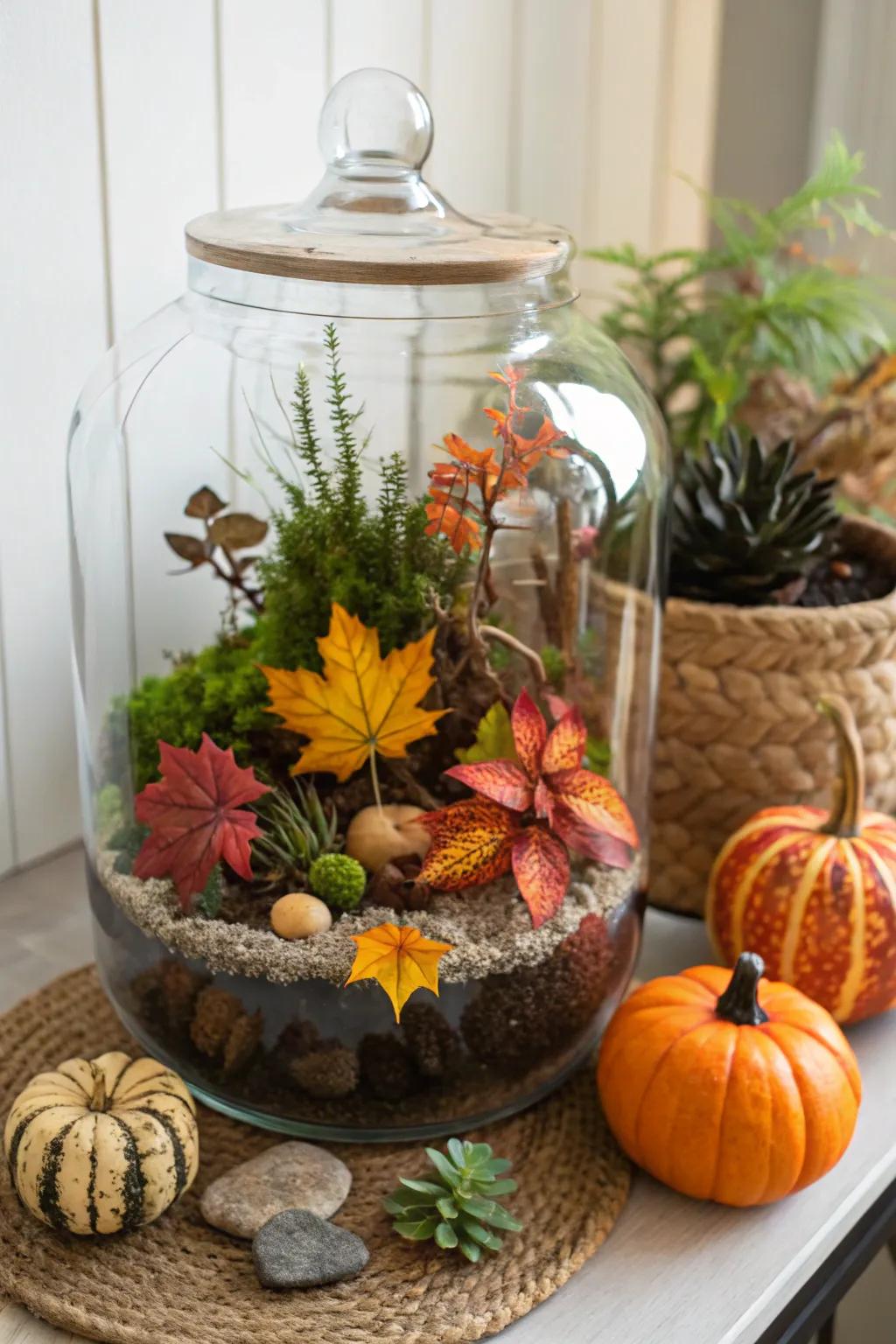 A seasonal setting terrarium showcasing the beauty of fall.