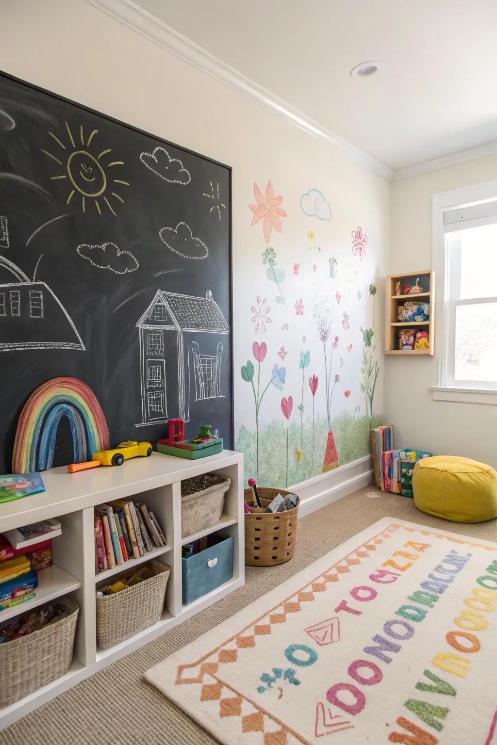 A creative space that has a chalkboard wall for lots of drawing and fun.