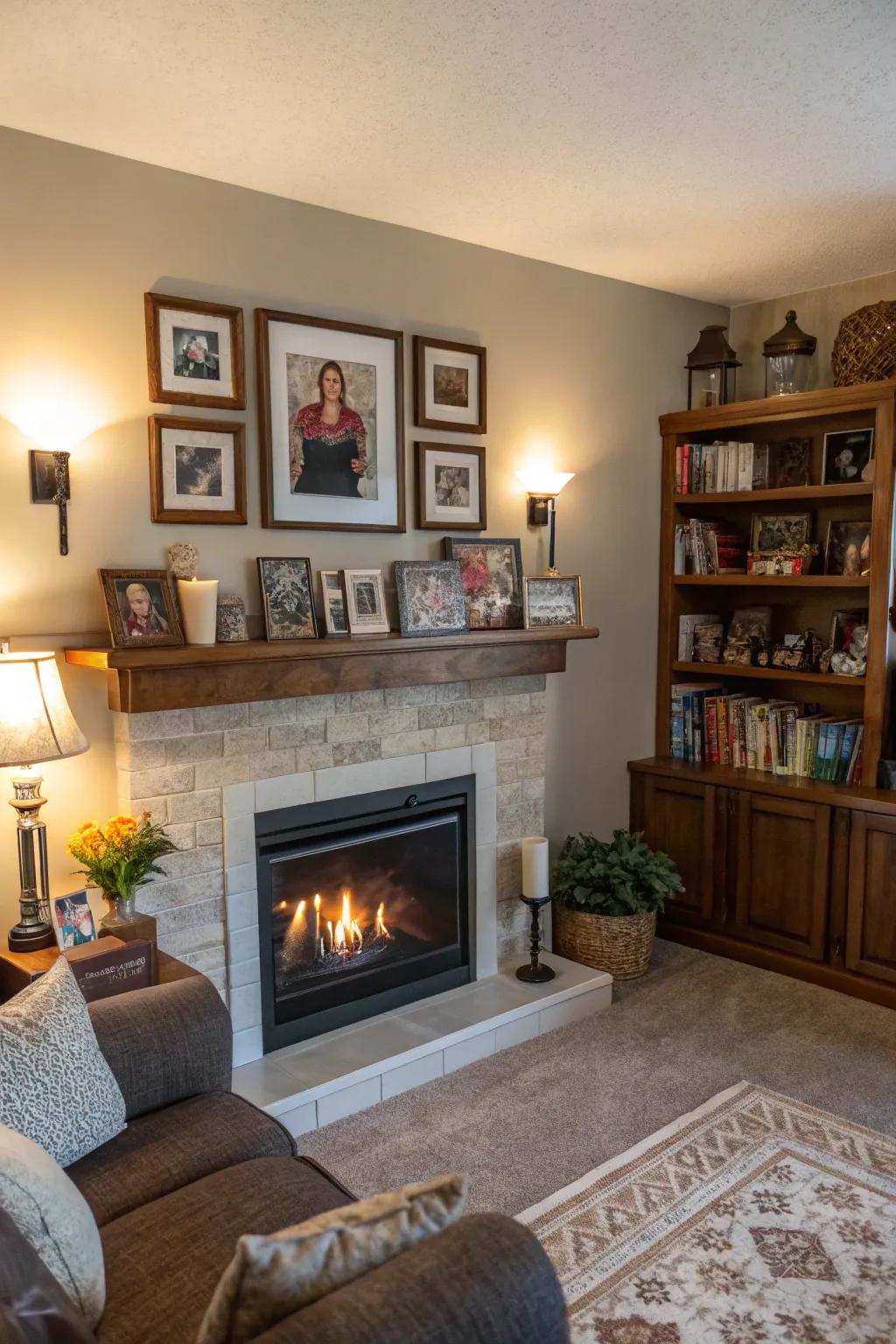 Personal keepsakes craft a meaningful and unique display above the fireplace.